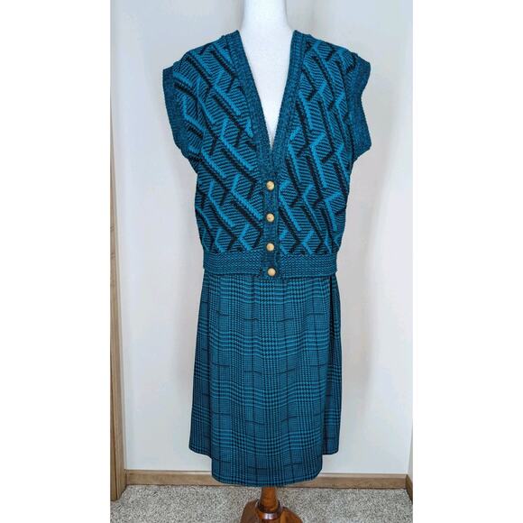 Vintage Cape Cod Sportswear Green Houndstooth Sweater Skirt 2 Set Women's Medium - Picture 1 of 15